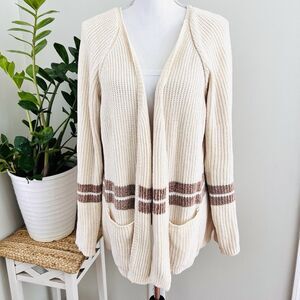 POL Cream Brown Striped Soft Chenille Oversize Cardigan Sweater Preppy Y2K Large